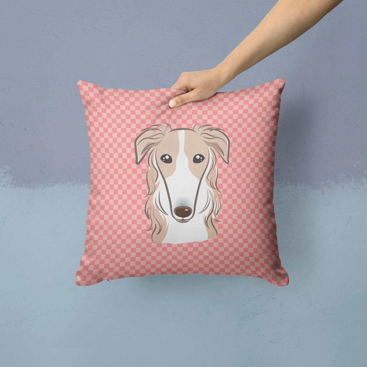 Checkerboard Pink Borzoi Decorative Throw Pillow 14x14 Indoor Outdoor Accent Cushion, Fabric Cover with Insert for Sofa, Bed, Porch & Living Room
