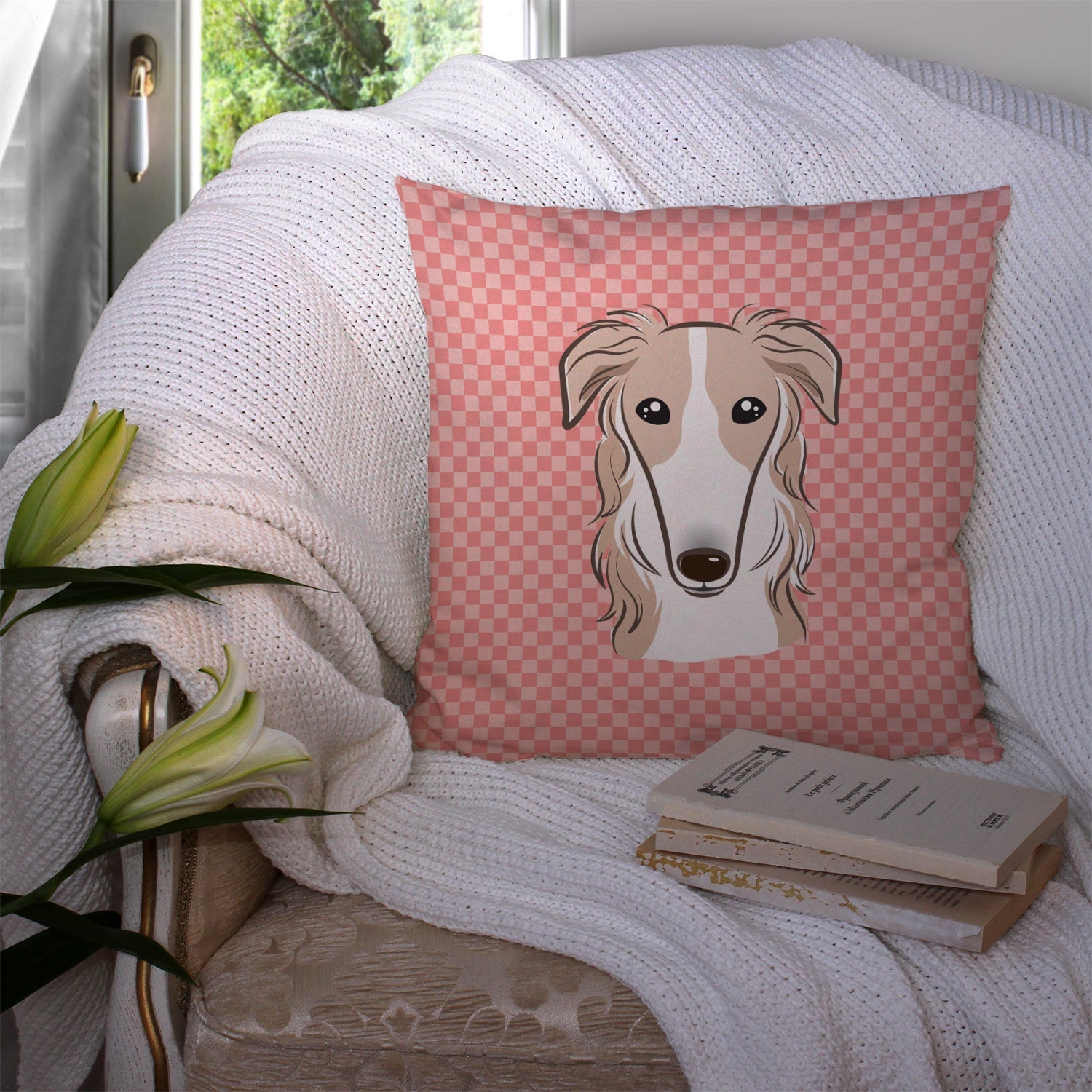 Checkerboard Pink Borzoi Decorative Throw Pillow 14x14 Indoor Outdoor Accent Cushion, Fabric Cover with Insert for Sofa, Bed, Porch & Living Room