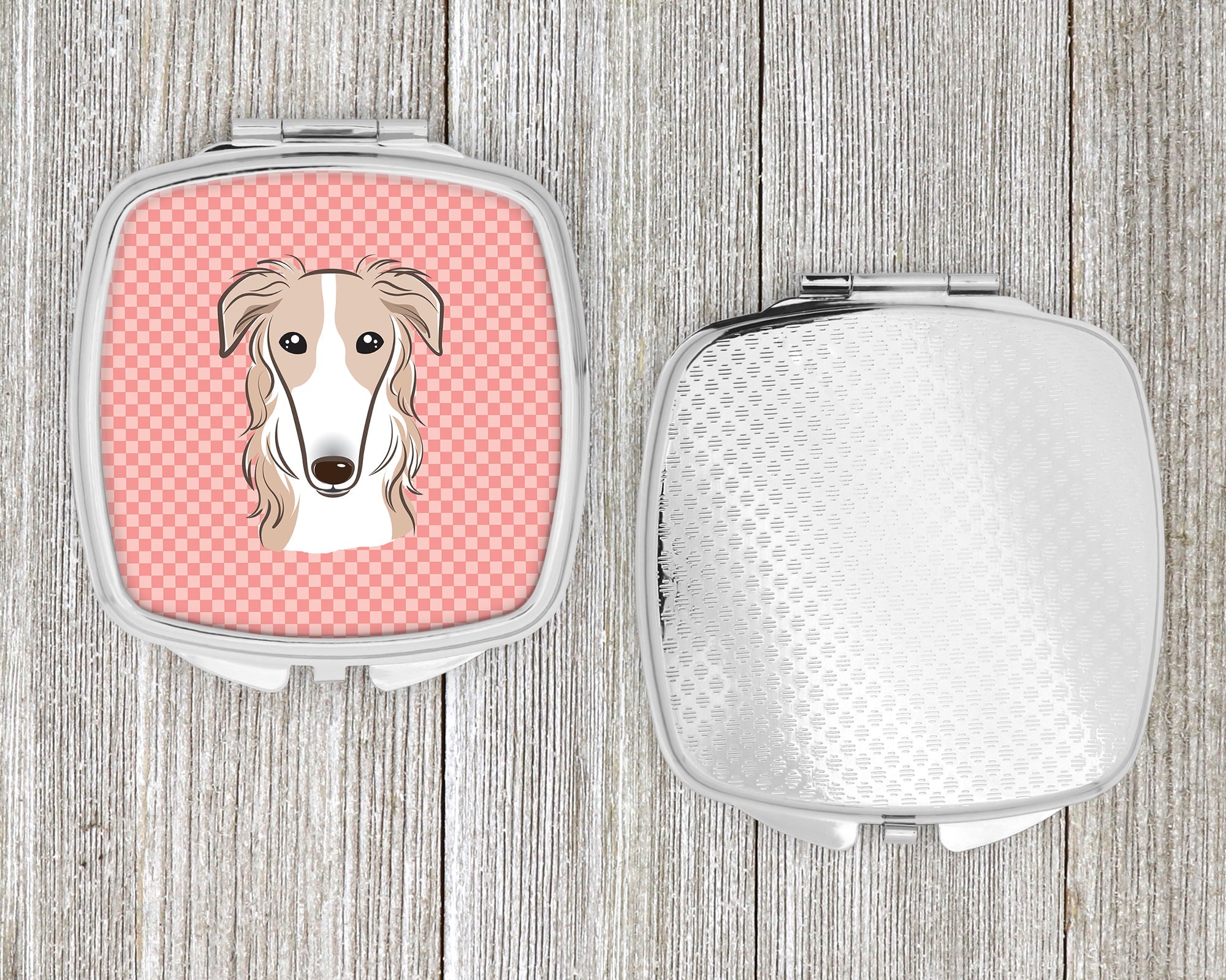 Checkerboard Pink Borzoi Compact Mirror Decorative Travel Makeup Mirror for Women Girls Gifts Pocket Makeup Mirror Folding Handheld