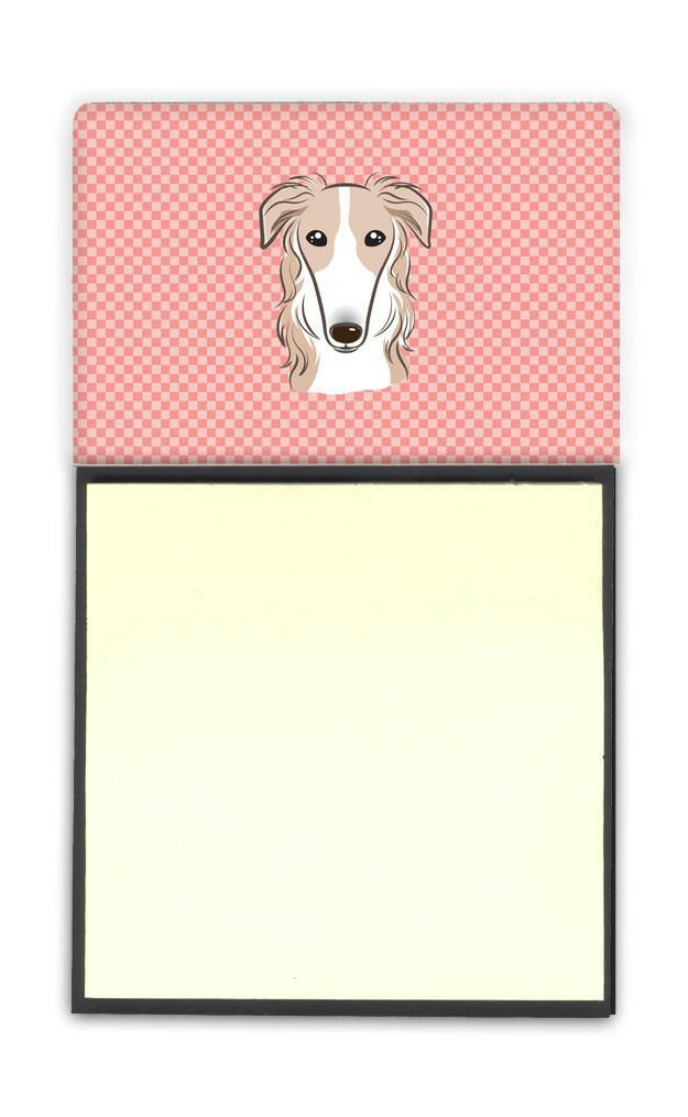 Checkerboard Pink Borzoi Watercolor Sticky Note Holder Refillable Dispenser Desk Accessory 3x3 Pad Gift