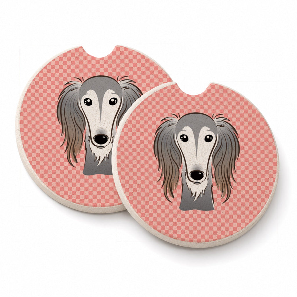 Checkerboard Pink Saluki Set of 2 Cup Holder Car Coasters Absorbent Round Sandstone Coasters Gifts for Men or Women, 2.5, Multicolor
