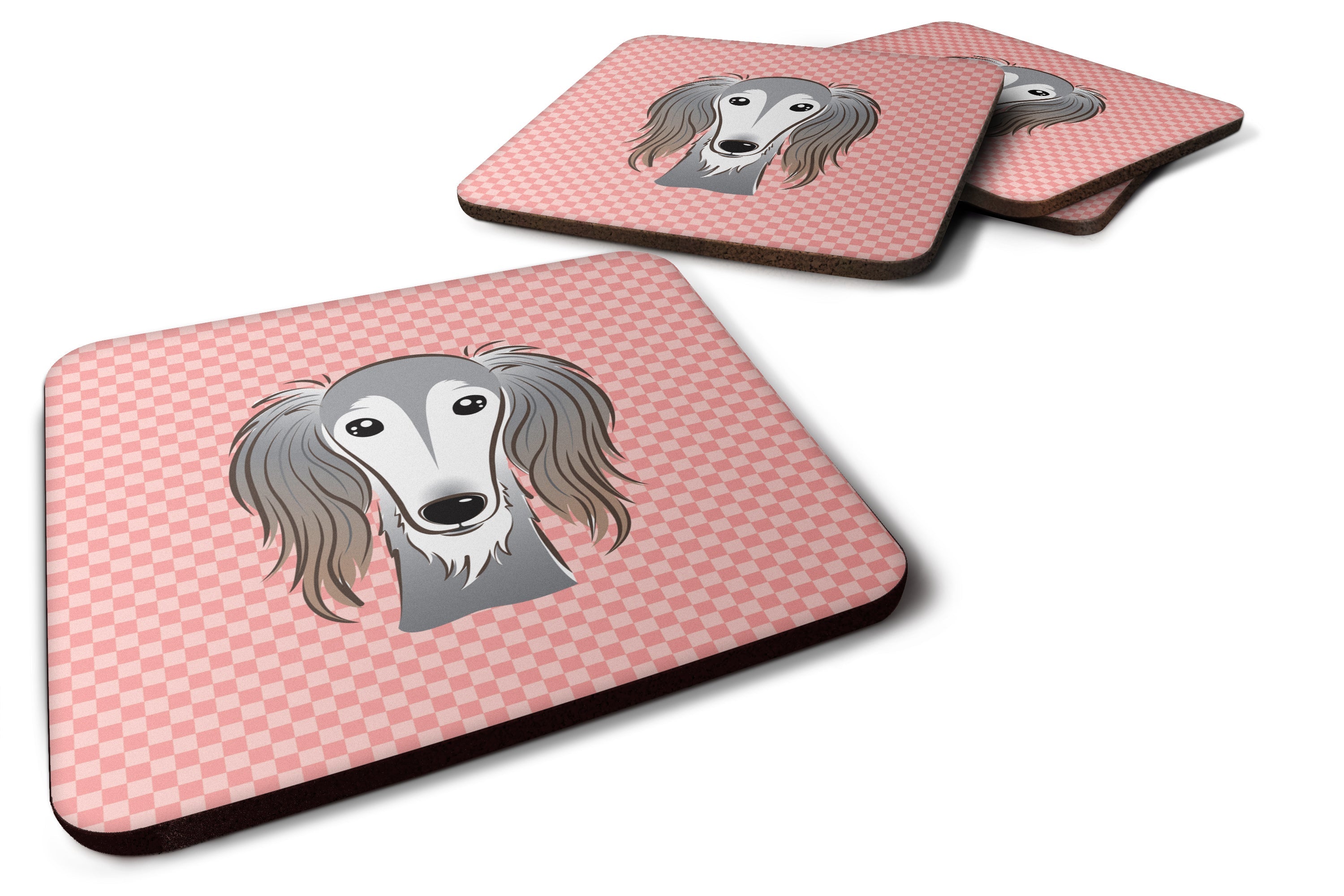 Checkerboard Pink Saluki Foam Coasters Set of 4 Cup Coasters for Indoor Outdoor, Tabletop Protection, Anti Slip, Mouse pad Material