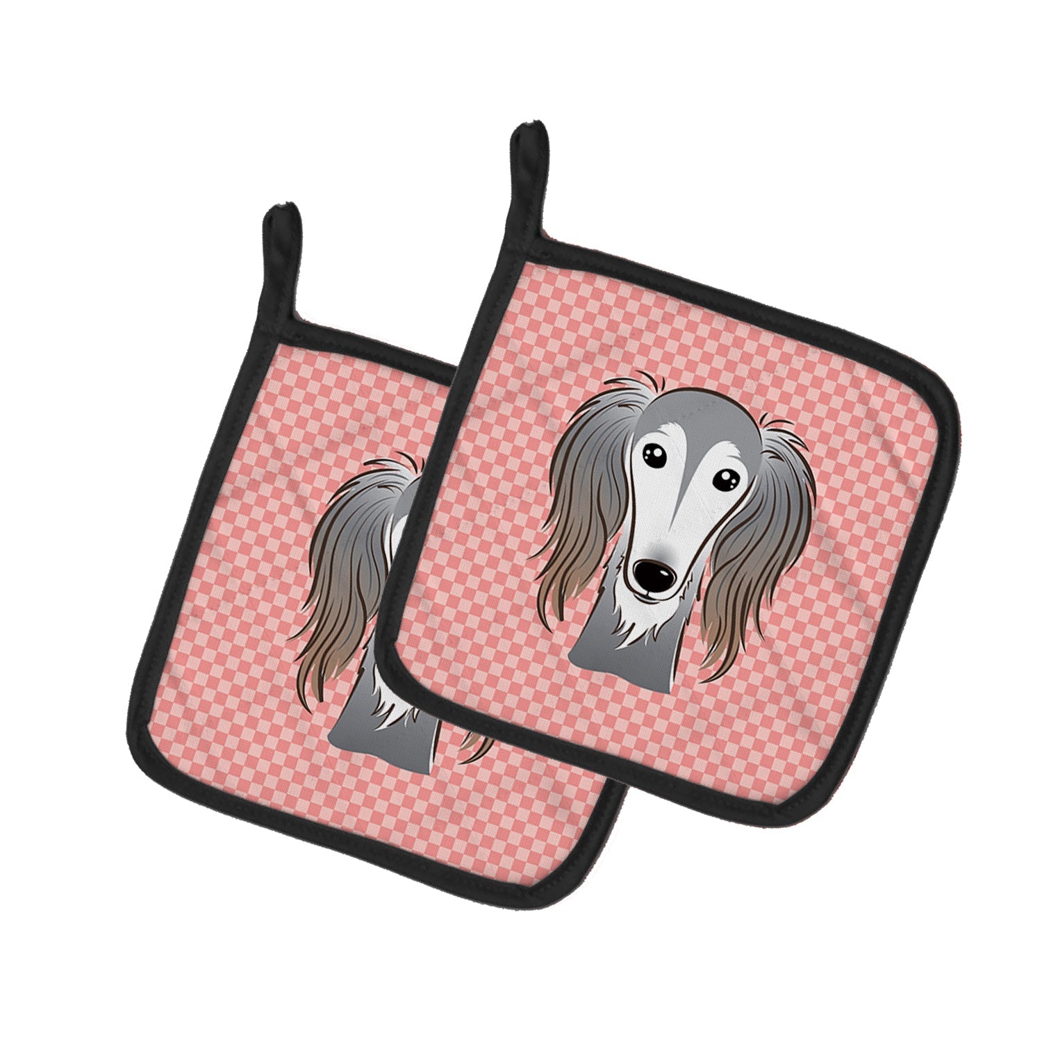 Checkerboard Pink Saluki Pot Holder Set of 2 Heat Resistant Quilted Hot Pads 7.5 x 7.5 Inch, Insulated Kitchen Trivets for Cooking & Baking