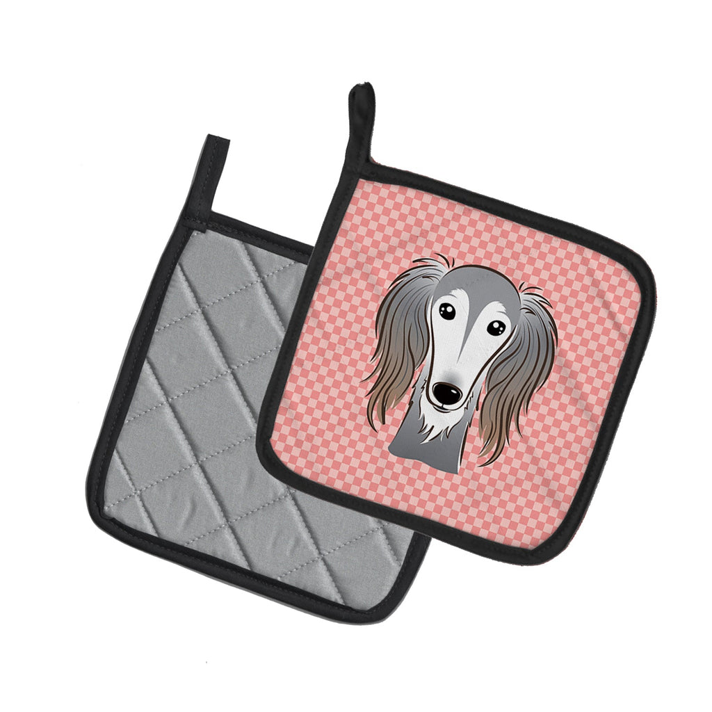 Checkerboard Pink Saluki Pot Holder Set of 2 Heat Resistant Quilted Hot Pads 7.5 x 7.5 Inch, Insulated Kitchen Trivets for Cooking & Baking