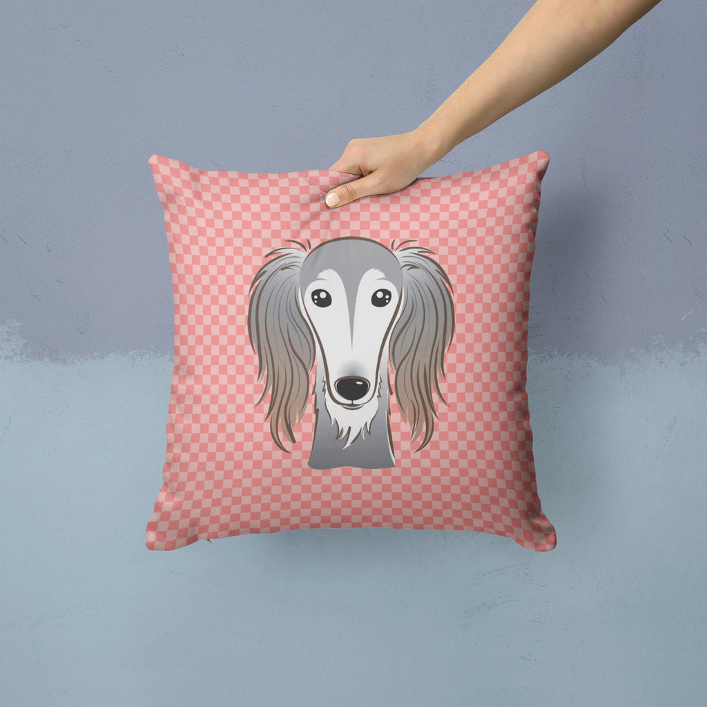 Checkerboard Pink Saluki Decorative Throw Pillow 14x14 Indoor Outdoor Accent Cushion, Fabric Cover with Insert for Sofa, Bed, Porch & Living Room