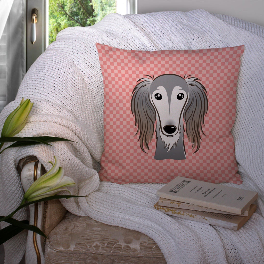 Checkerboard Pink Saluki Decorative Throw Pillow 14x14 Indoor Outdoor Accent Cushion, Fabric Cover with Insert for Sofa, Bed, Porch & Living Room