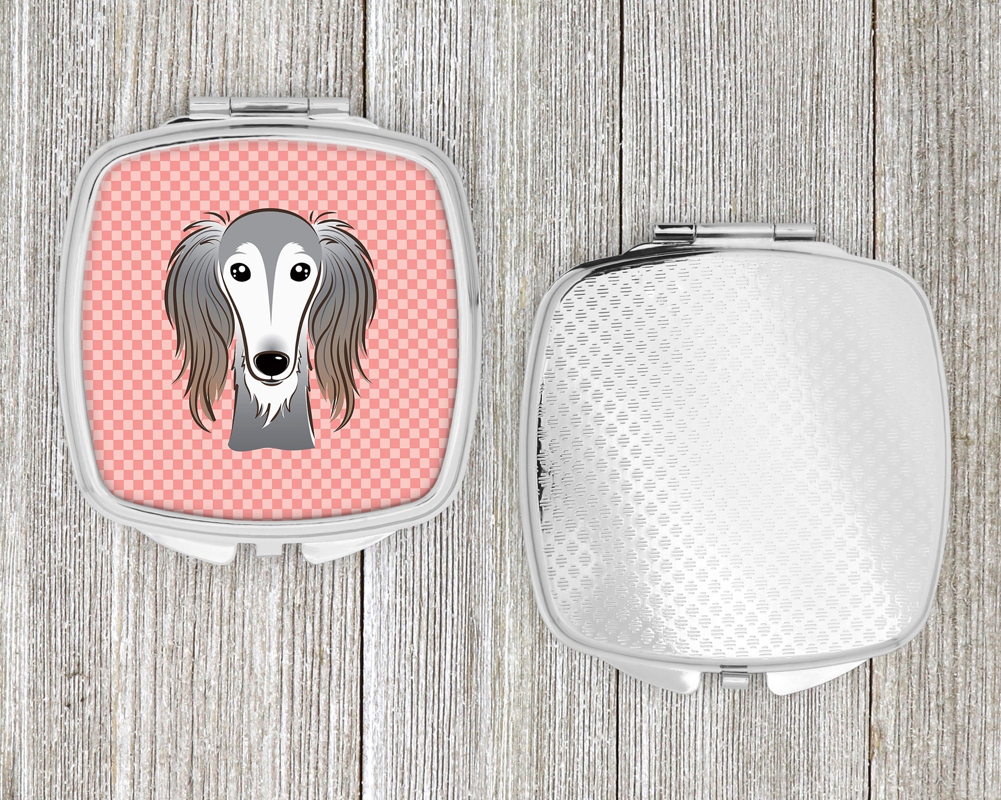 Checkerboard Pink Saluki Compact Mirror Decorative Travel Makeup Mirror for Women Girls Gifts Pocket Makeup Mirror Folding Handheld