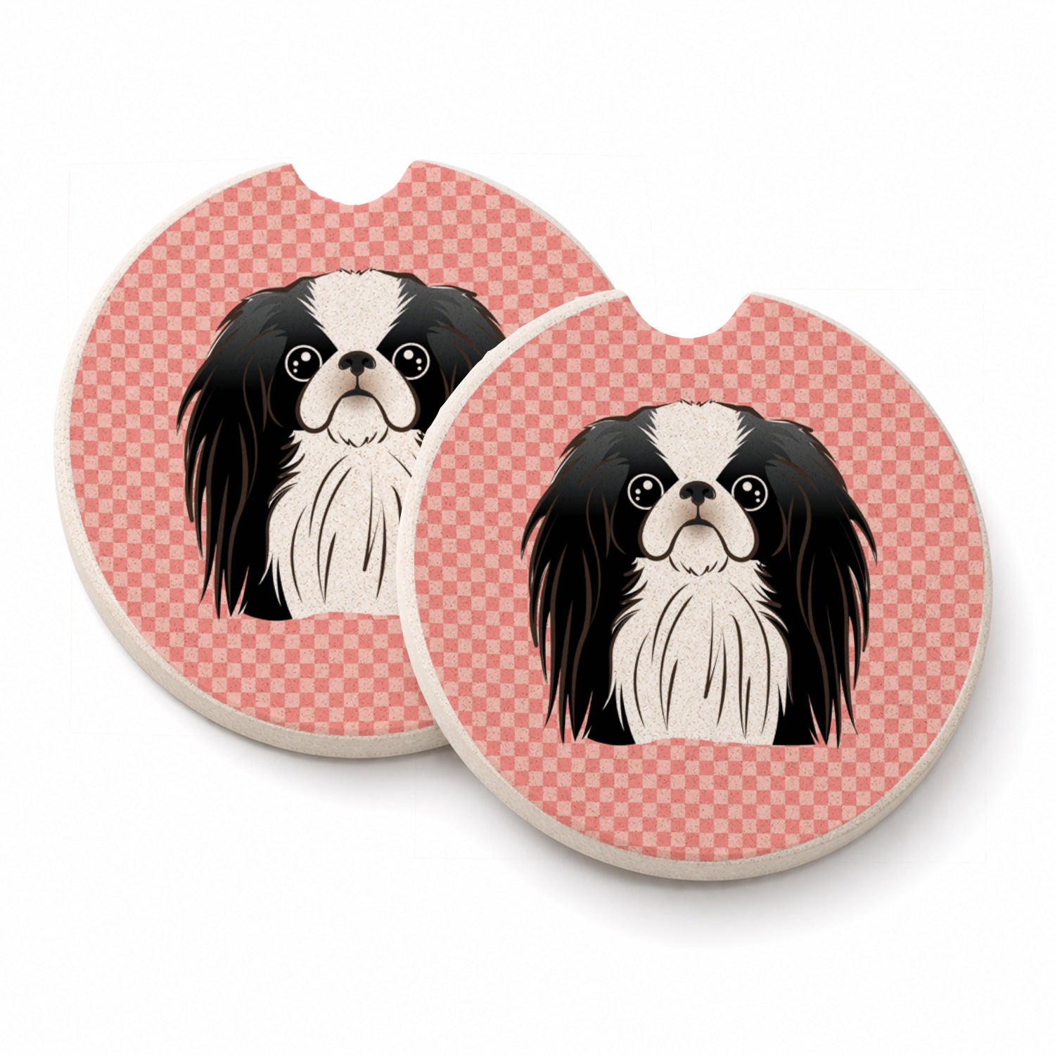 Checkerboard Pink Japanese Chin Set of 2 Cup Holder Car Coasters Absorbent Round Sandstone Coasters Gifts for Men or Women, 2.5, Multicolor