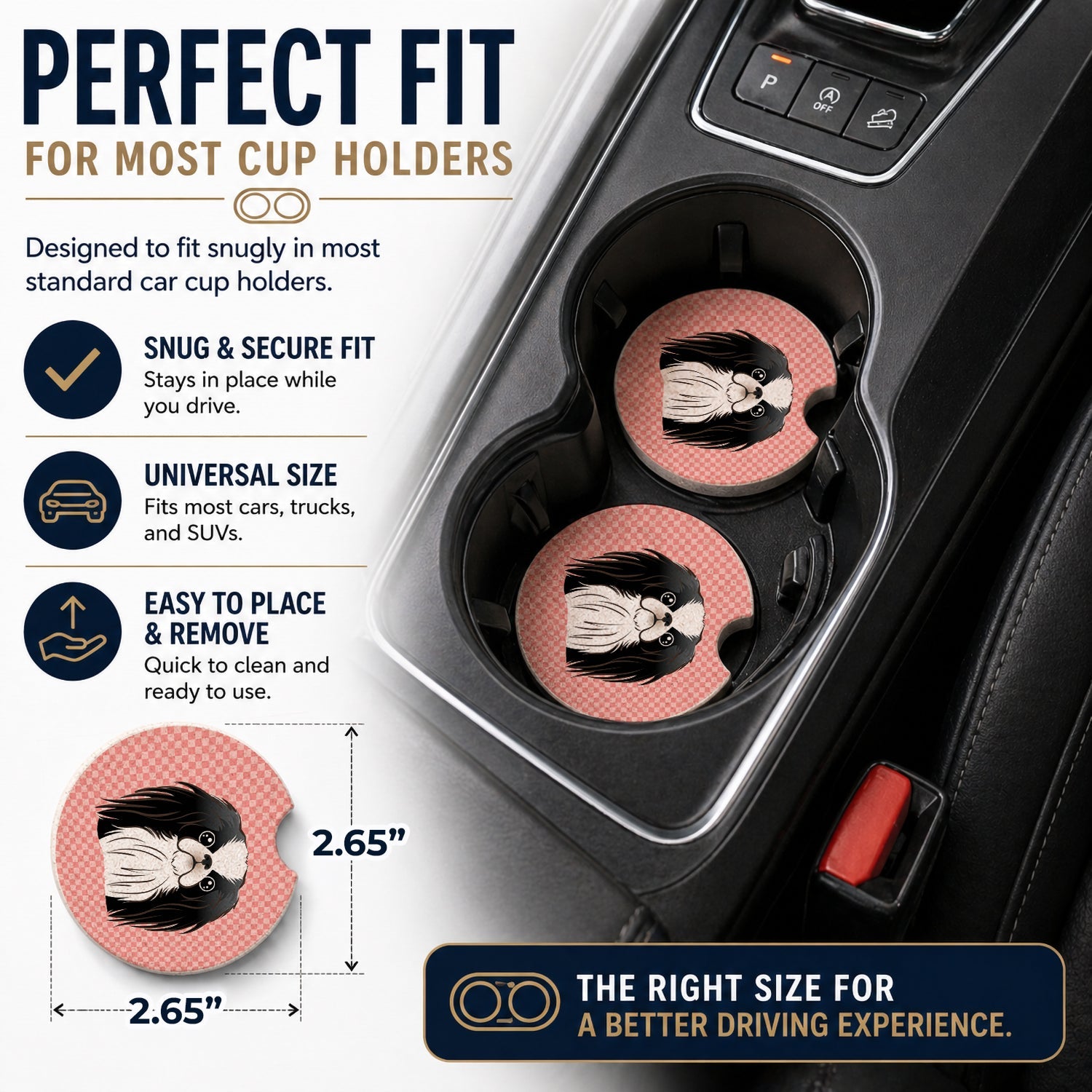 Checkerboard Pink Japanese Chin Set of 2 Cup Holder Car Coasters Absorbent Round Sandstone Coasters Gifts for Men or Women, 2.5, Multicolor