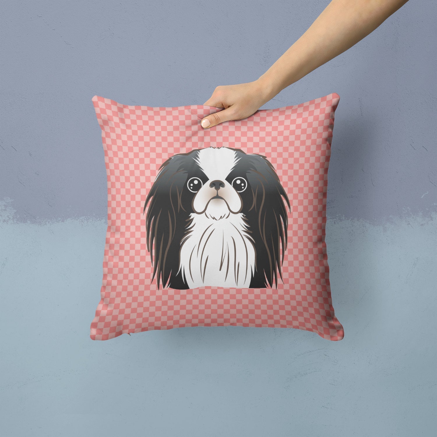Checkerboard Pink Japanese Chin Decorative Throw Pillow 14x14 Indoor Outdoor Accent Cushion, Fabric Cover with Insert for Sofa, Bed, Porch & Living Room