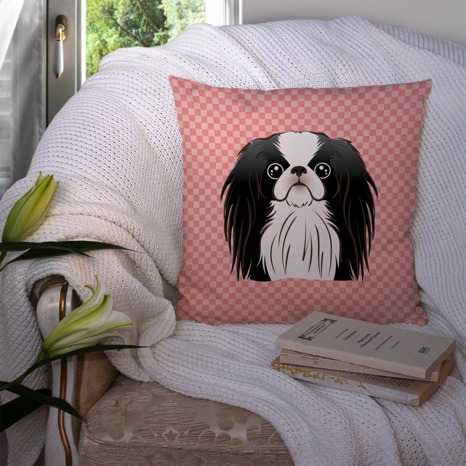Checkerboard Pink Japanese Chin Decorative Throw Pillow 14x14 Indoor Outdoor Accent Cushion, Fabric Cover with Insert for Sofa, Bed, Porch & Living Room