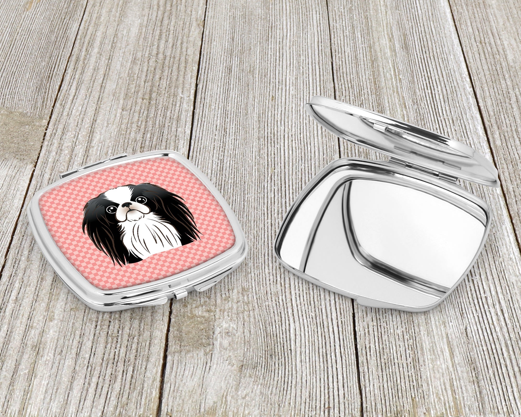Checkerboard Pink Japanese Chin Compact Mirror Decorative Travel Makeup Mirror for Women Girls Gifts Pocket Makeup Mirror Folding Handheld