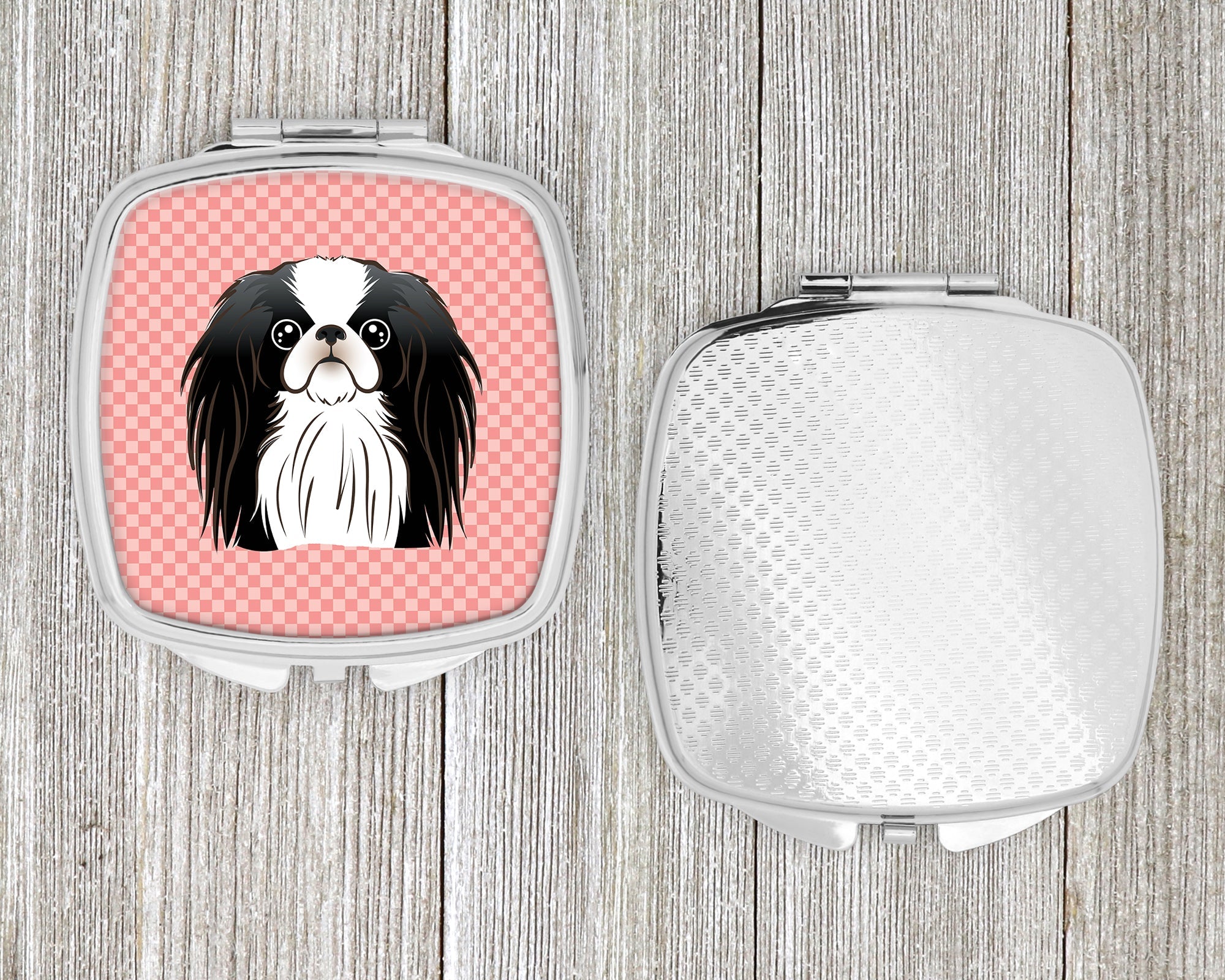 Checkerboard Pink Japanese Chin Compact Mirror Decorative Travel Makeup Mirror for Women Girls Gifts Pocket Makeup Mirror Folding Handheld