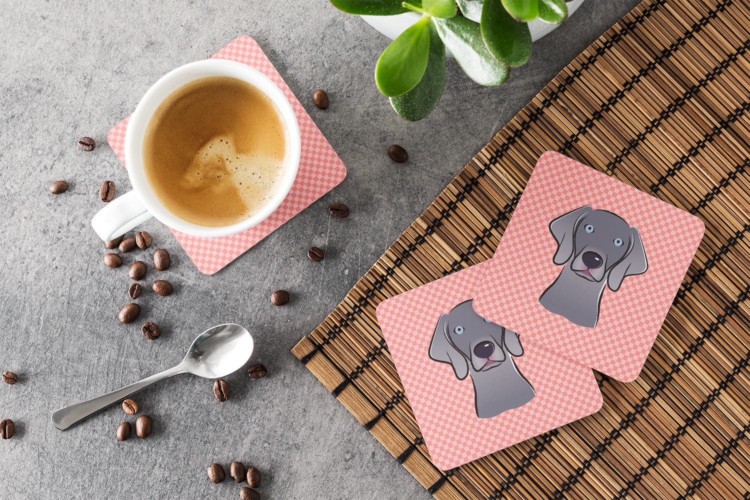 Checkerboard Pink  Weimaraner Foam Coasters Set of 4 Cup Coasters for Indoor Outdoor, Tabletop Protection, Anti Slip, Mouse pad Material
