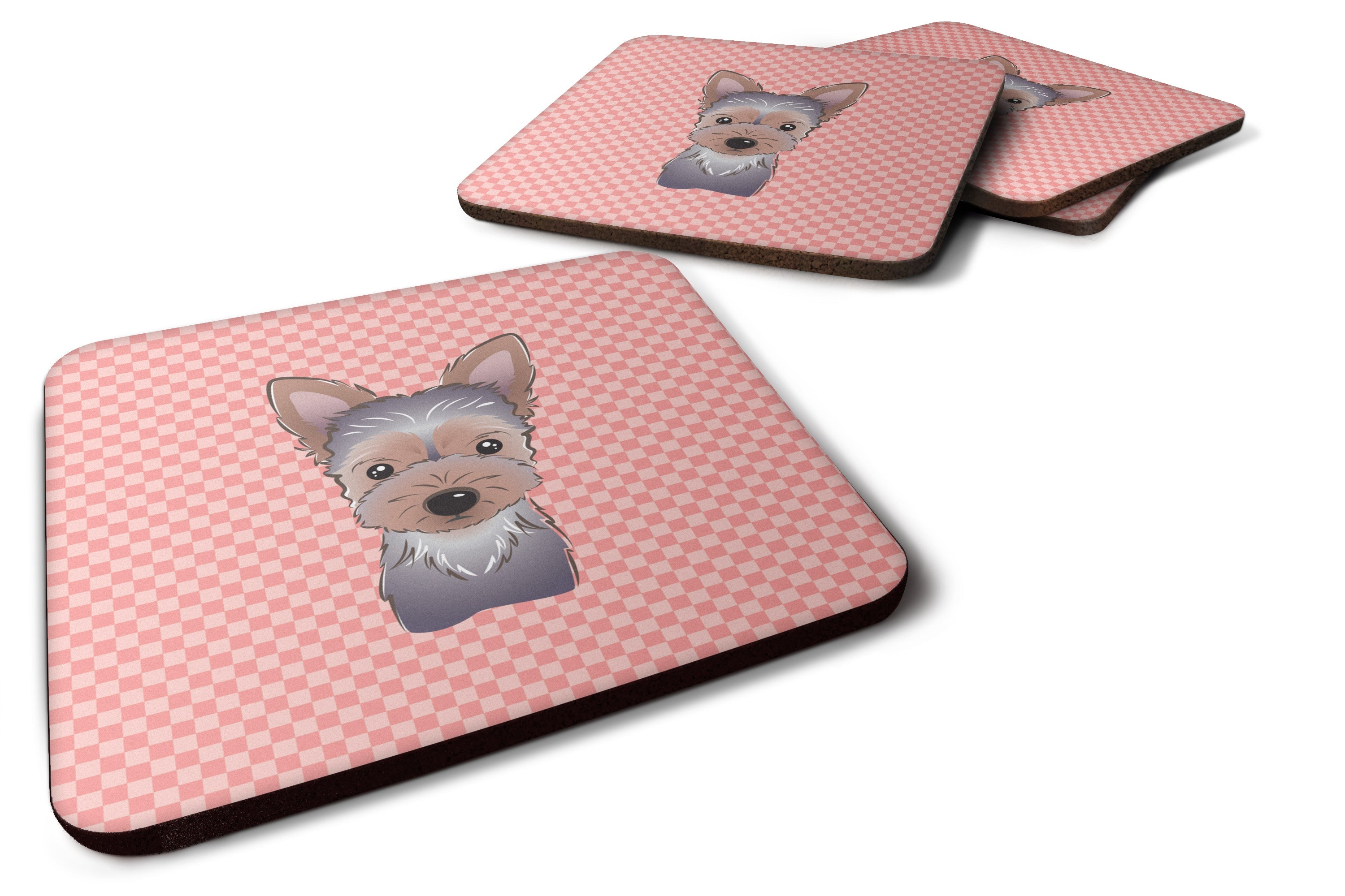 Checkerboard Pink Yorkie Puppy Foam Coasters Set of 4 Cup Coasters for Indoor Outdoor, Tabletop Protection, Anti Slip, Mouse pad Material