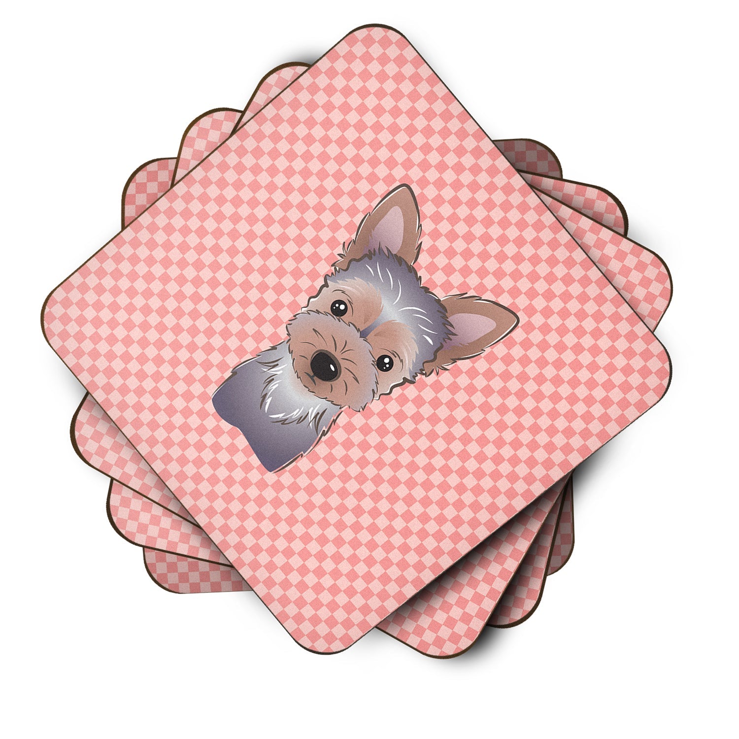 Checkerboard Pink Yorkie Puppy Foam Coasters Set of 4 Cup Coasters for Indoor Outdoor, Tabletop Protection, Anti Slip, Mouse pad Material