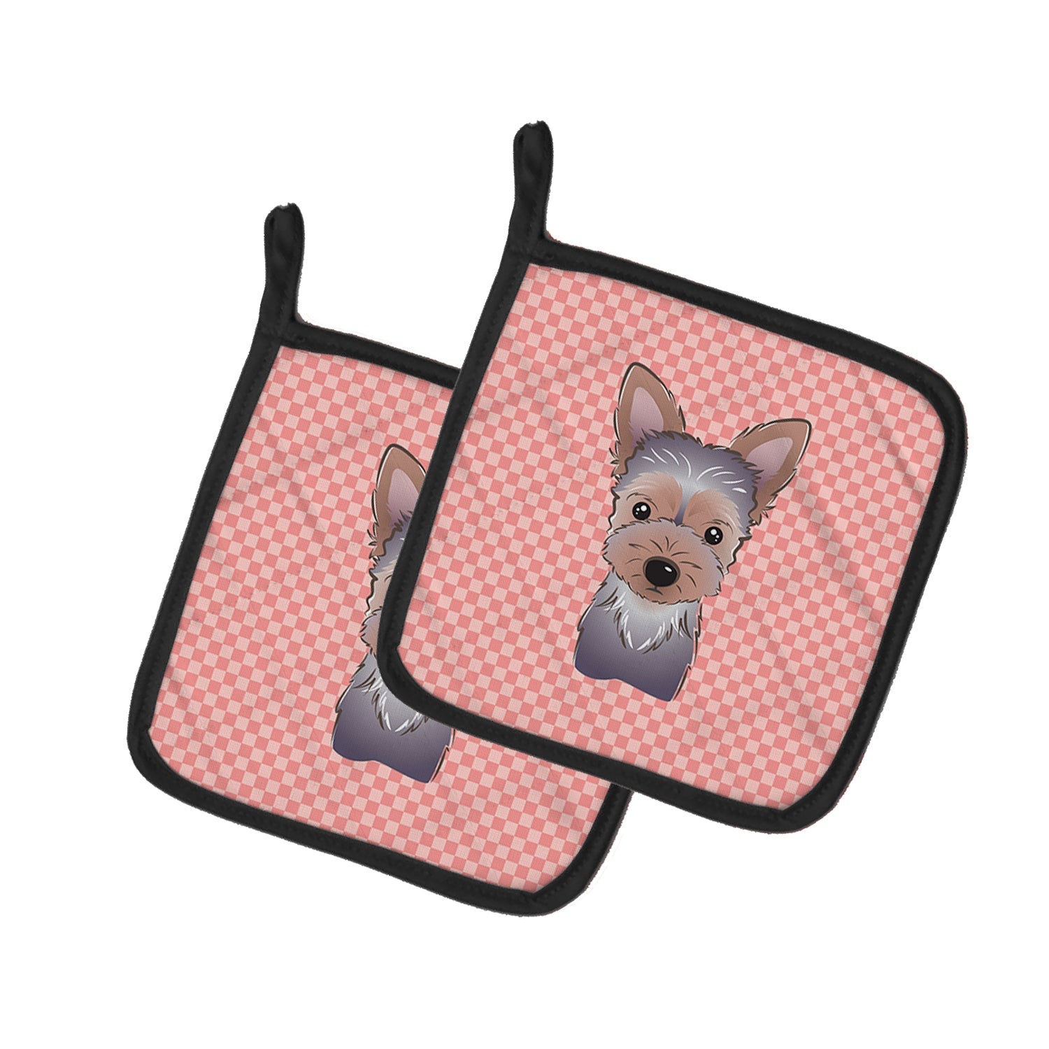 Checkerboard Pink Yorkie Puppy Pot Holder Set of 2 Heat Resistant Quilted Hot Pads 7.5 x 7.5 Inch, Insulated Kitchen Trivets for Cooking & Baking