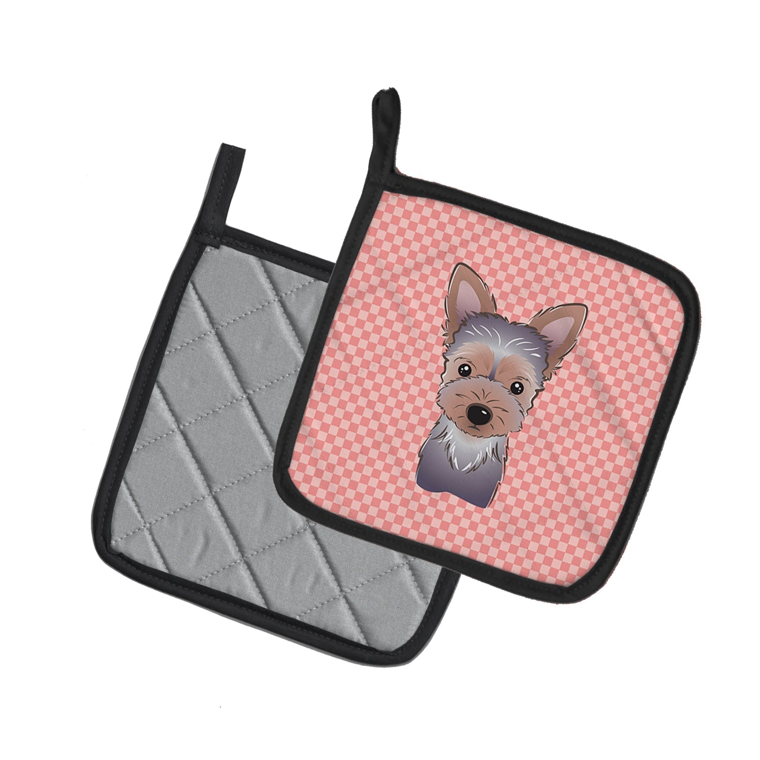Checkerboard Pink Yorkie Puppy Pot Holder Set of 2 Heat Resistant Quilted Hot Pads 7.5 x 7.5 Inch, Insulated Kitchen Trivets for Cooking & Baking