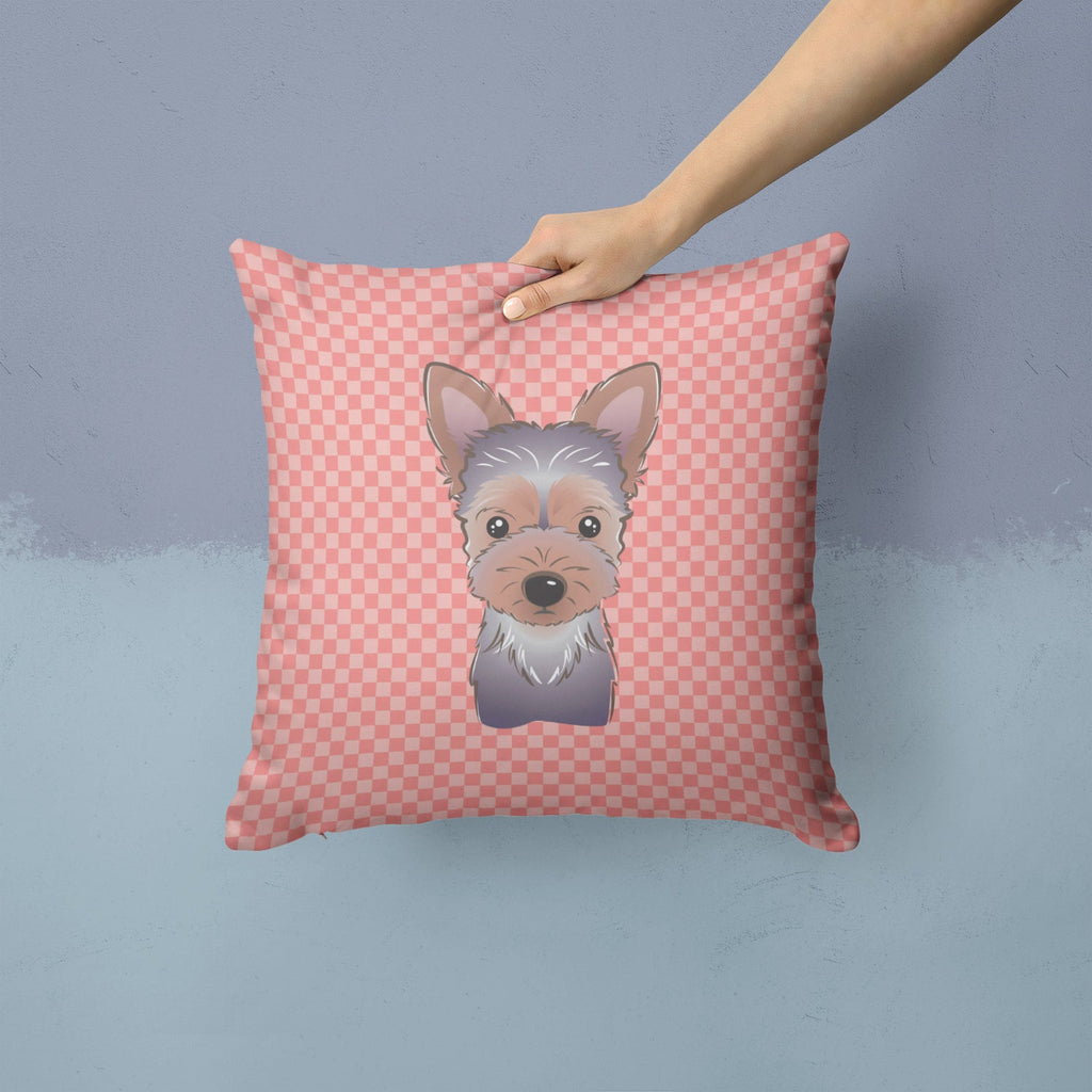 Checkerboard Pink Yorkie Puppy Decorative Throw Pillow 14x14 Indoor Outdoor Accent Cushion, Fabric Cover with Insert for Sofa, Bed, Porch & Living Room
