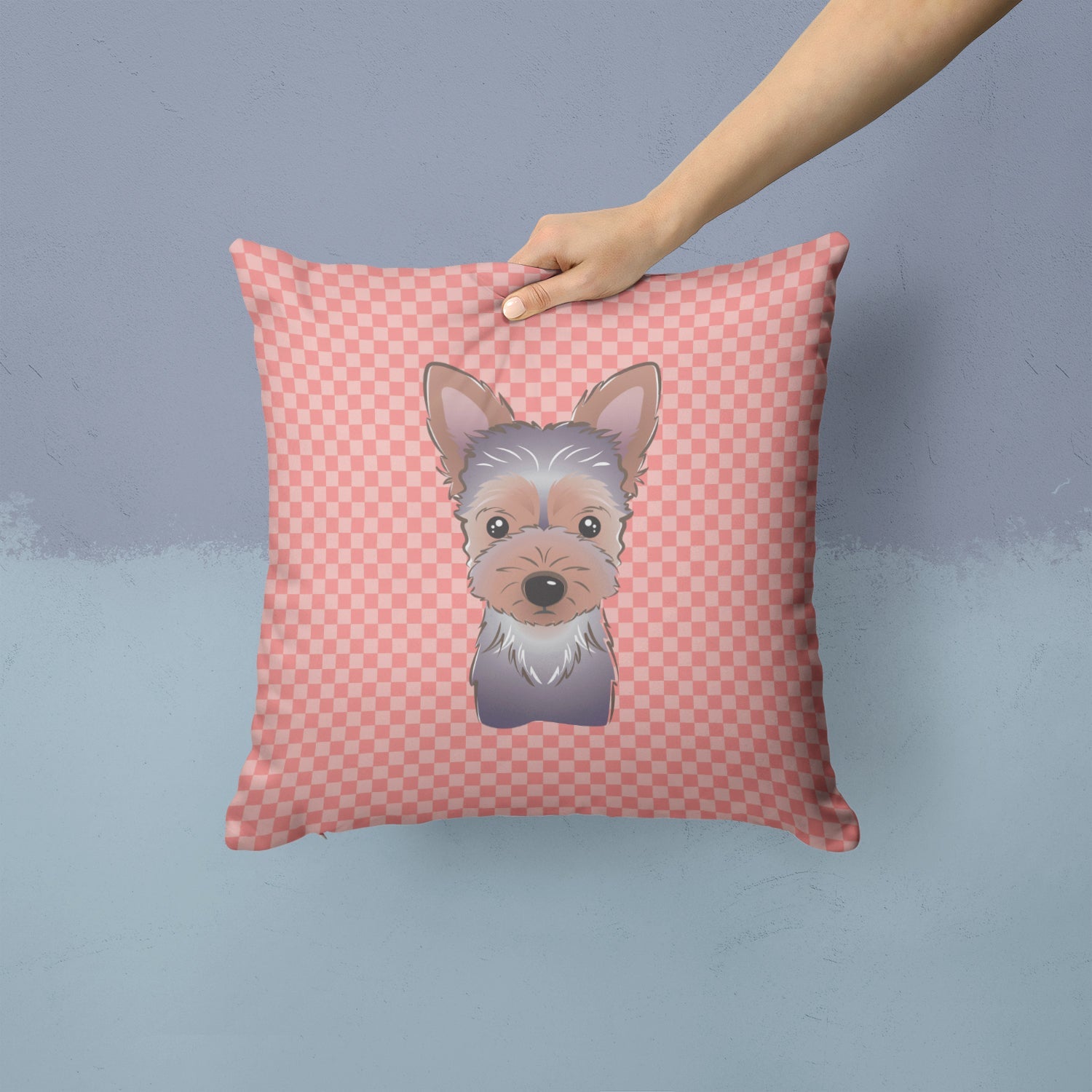 Checkerboard Pink Yorkie Puppy Decorative Throw Pillow 14x14 Indoor Outdoor Accent Cushion, Fabric Cover with Insert for Sofa, Bed, Porch & Living Room