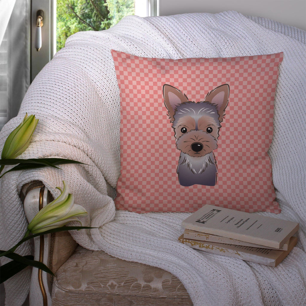 Checkerboard Pink Yorkie Puppy Decorative Throw Pillow 14x14 Indoor Outdoor Accent Cushion, Fabric Cover with Insert for Sofa, Bed, Porch & Living Room