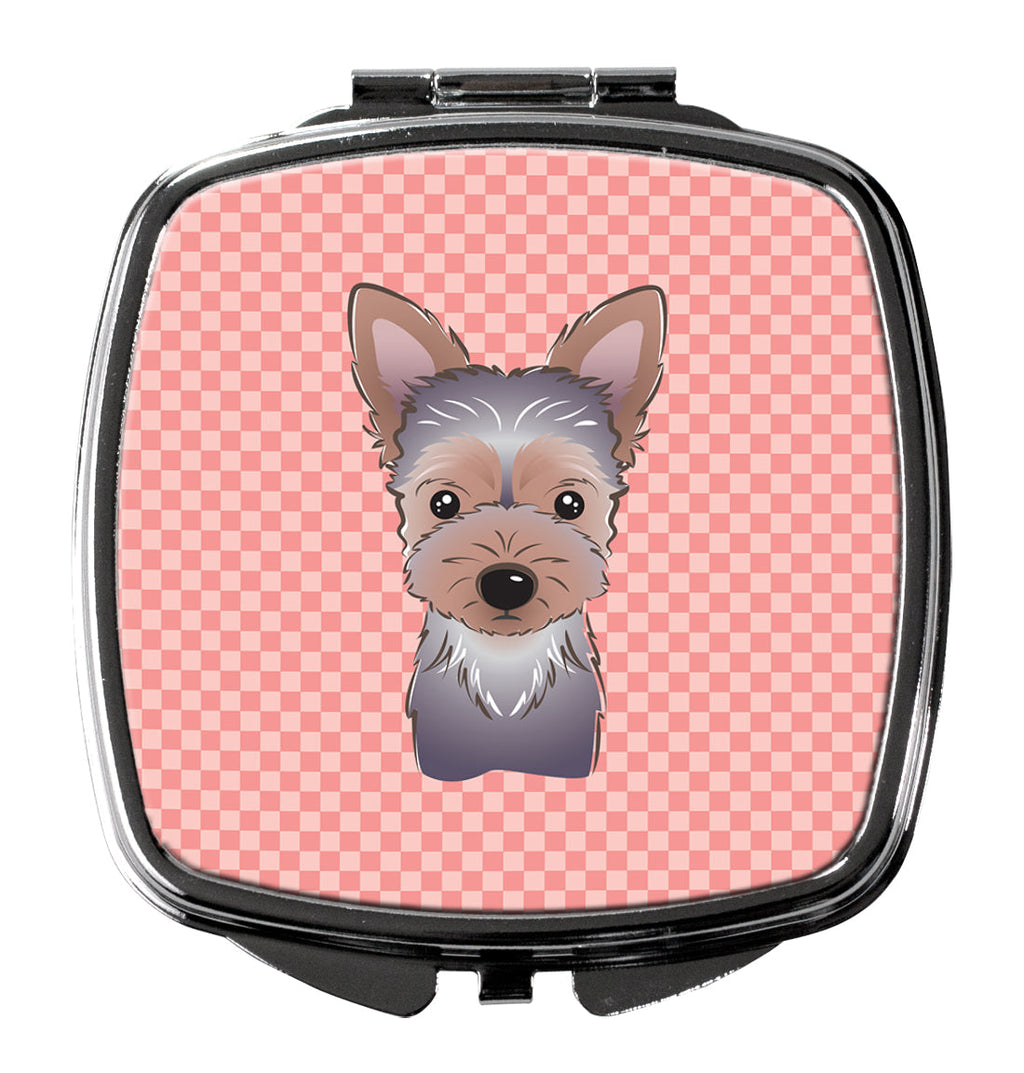 Checkerboard Pink Yorkie Puppy Compact Mirror Decorative Travel Makeup Mirror for Women Girls Gifts Pocket Makeup Mirror Folding Handheld