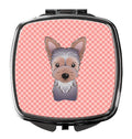Checkerboard Pink Yorkie Puppy Compact Mirror Decorative Travel Makeup Mirror for Women Girls Gifts Pocket Makeup Mirror Folding Handheld