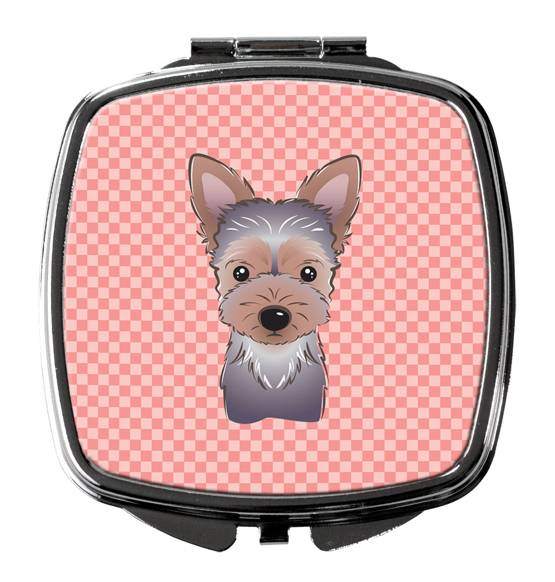 Checkerboard Pink Yorkie Puppy Compact Mirror Decorative Travel Makeup Mirror for Women Girls Gifts Pocket Makeup Mirror Folding Handheld