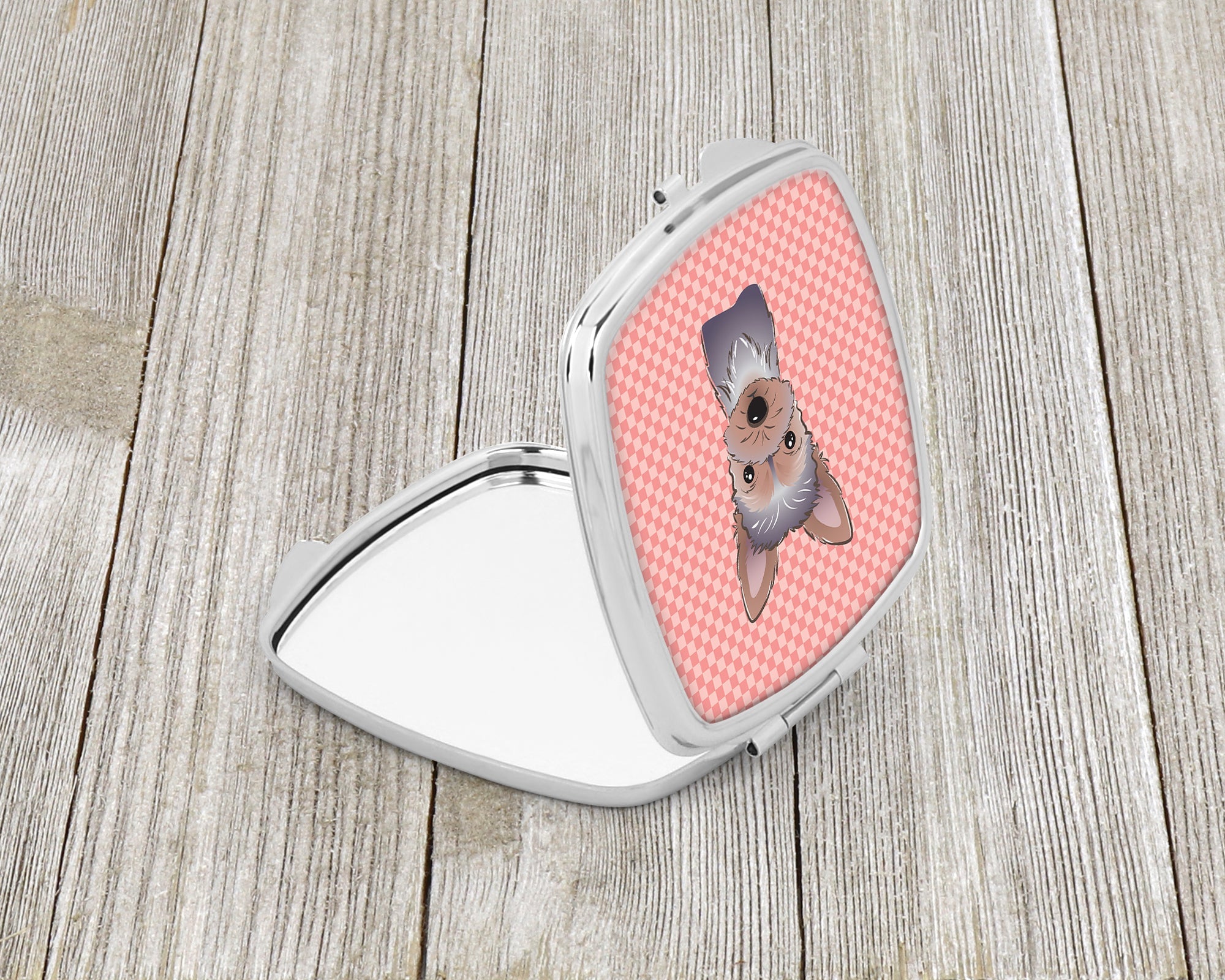 Checkerboard Pink Yorkie Puppy Compact Mirror Decorative Travel Makeup Mirror for Women Girls Gifts Pocket Makeup Mirror Folding Handheld