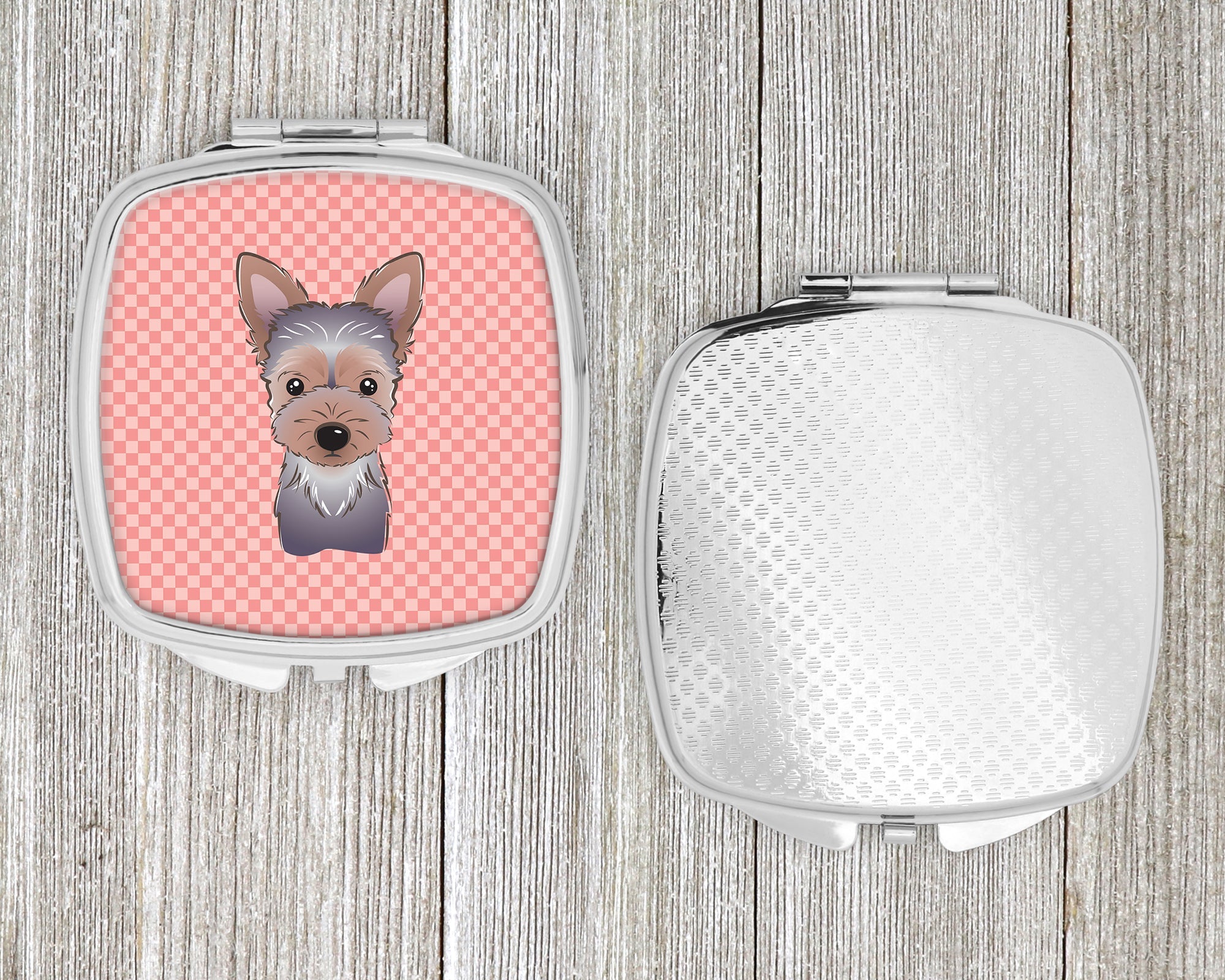 Checkerboard Pink Yorkie Puppy Compact Mirror Decorative Travel Makeup Mirror for Women Girls Gifts Pocket Makeup Mirror Folding Handheld