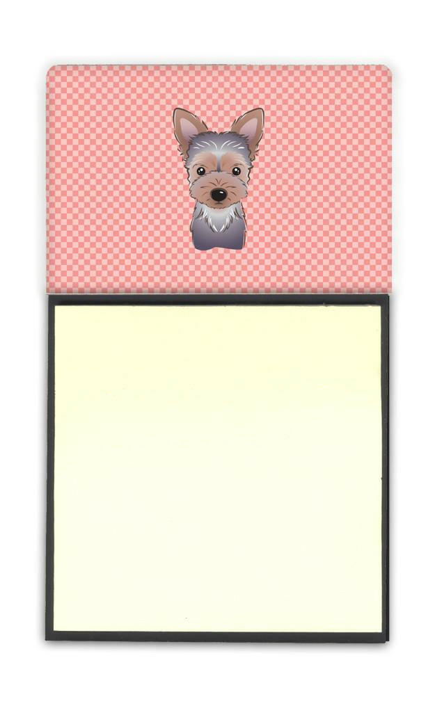 Checkerboard Pink Yorkie Puppy Watercolor Sticky Note Holder Refillable Dispenser Desk Accessory 3x3 Pad Gift