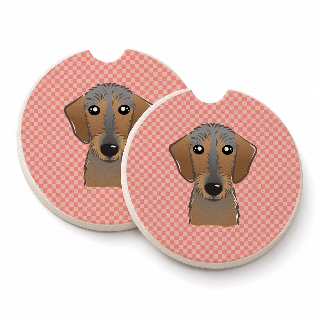 Checkerboard Pink Wirehaired Dachshund Set of 2 Cup Holder Car Coasters Absorbent Round Sandstone Coasters Gifts for Men or Women, 2.5, Multicolor