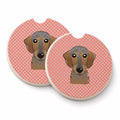 Checkerboard Pink Wirehaired Dachshund Set of 2 Cup Holder Car Coasters Absorbent Round Sandstone Coasters Gifts for Men or Women, 2.5, Multicolor