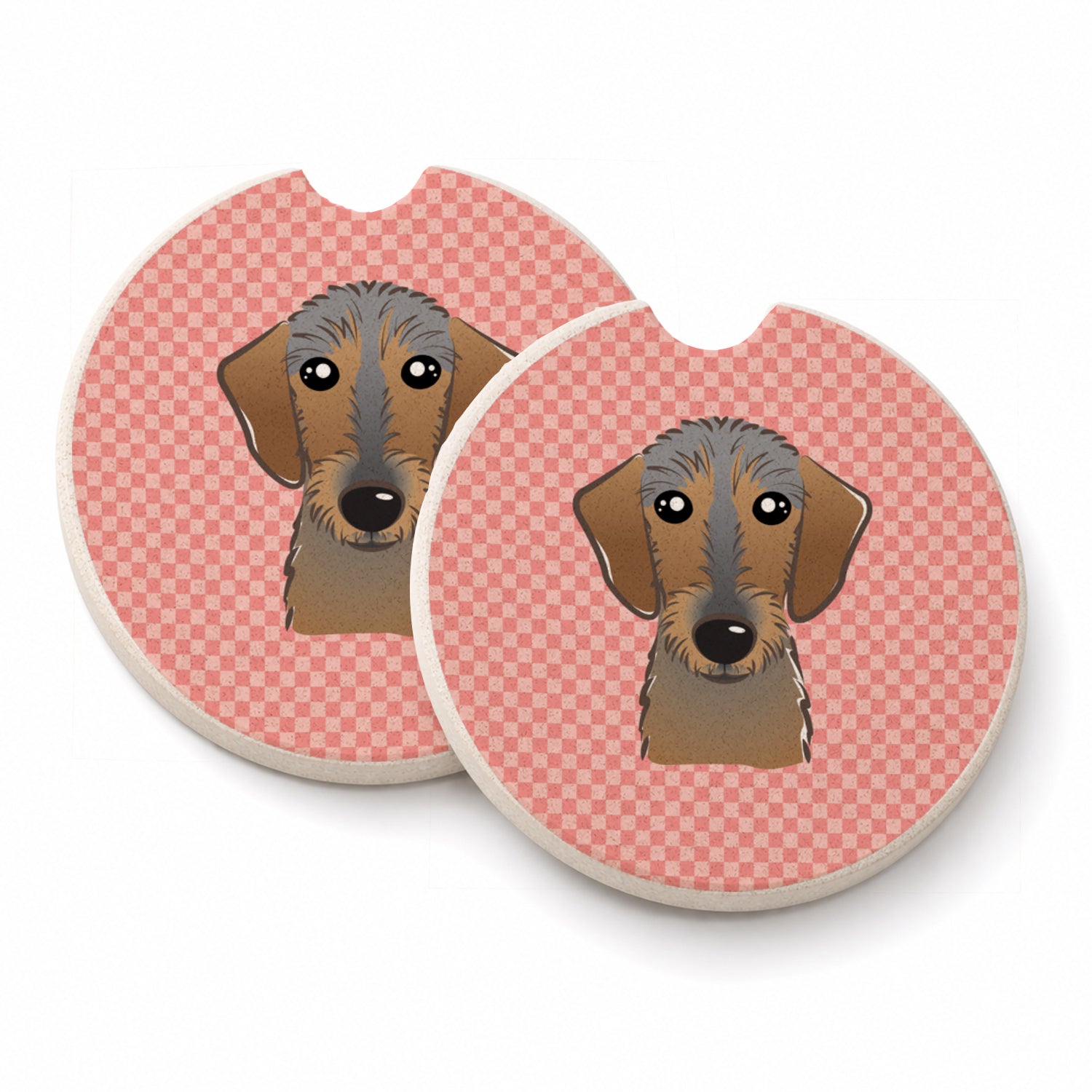 Checkerboard Pink Wirehaired Dachshund Set of 2 Cup Holder Car Coasters Absorbent Round Sandstone Coasters Gifts for Men or Women, 2.5, Multicolor