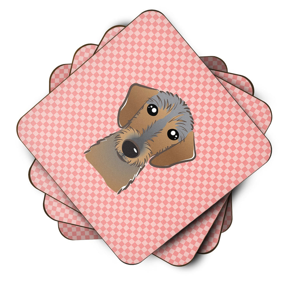 Checkerboard Pink Wirehaired Dachshund Foam Coasters Set of 4 Cup Coasters for Indoor Outdoor, Tabletop Protection, Anti Slip, Mouse pad Material