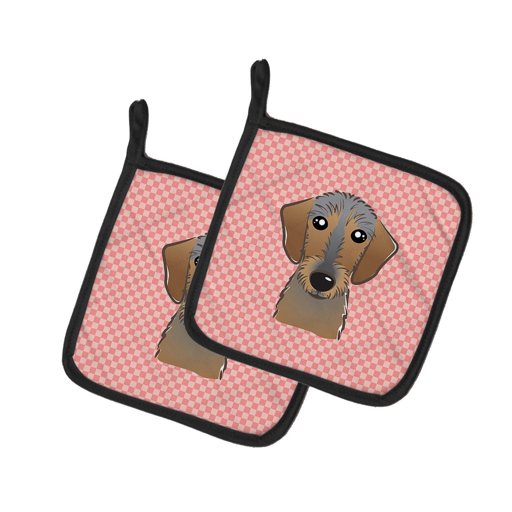 Checkerboard Pink Wirehaired Dachshund Pot Holder Set of 2 Heat Resistant Quilted Hot Pads 7.5 x 7.5 Inch, Insulated Kitchen Trivets for Cooking & Baking