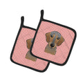 Checkerboard Pink Wirehaired Dachshund Pot Holder Set of 2 Heat Resistant Quilted Hot Pads 7.5 x 7.5 Inch, Insulated Kitchen Trivets for Cooking & Baking