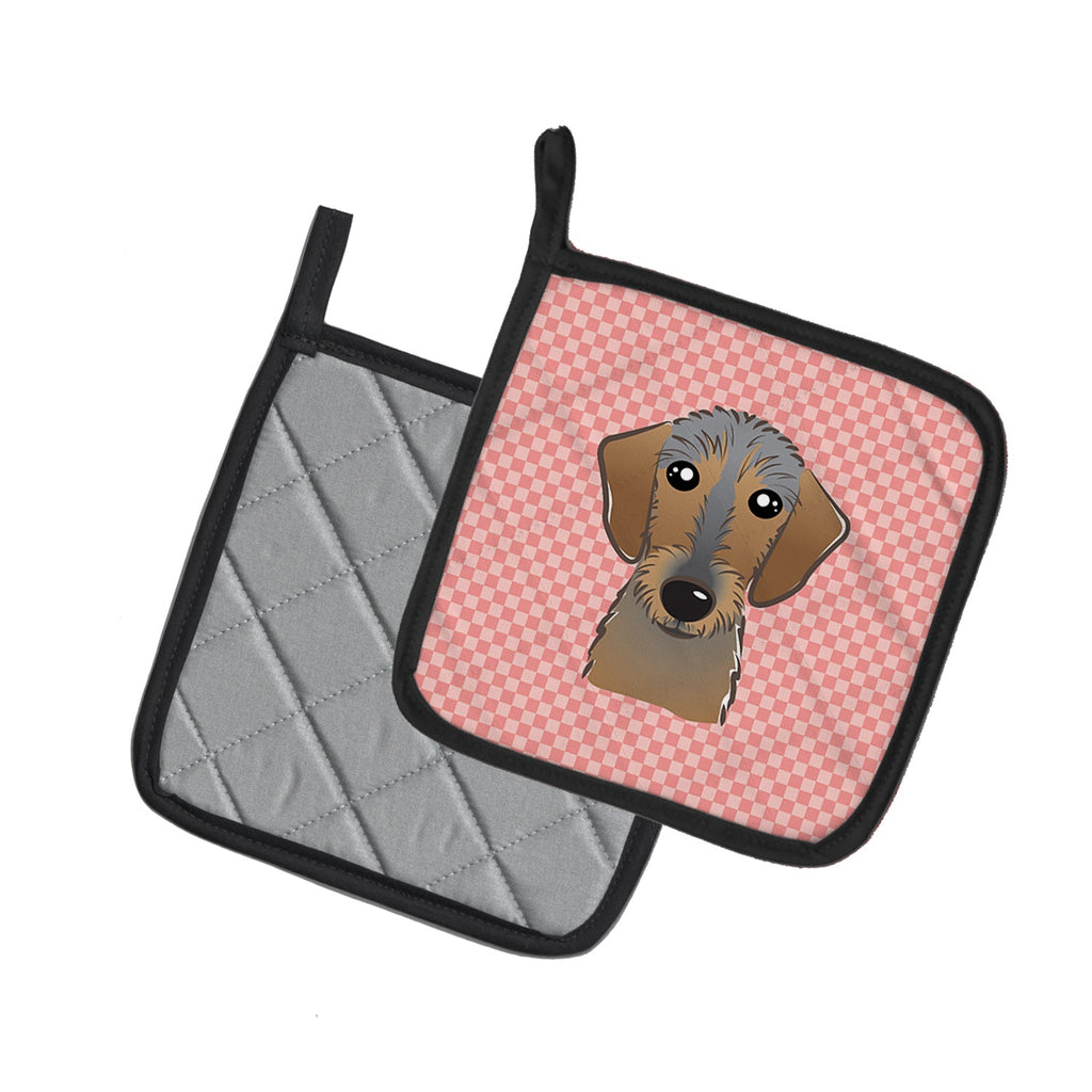 Checkerboard Pink Wirehaired Dachshund Pot Holder Set of 2 Heat Resistant Quilted Hot Pads 7.5 x 7.5 Inch, Insulated Kitchen Trivets for Cooking & Baking