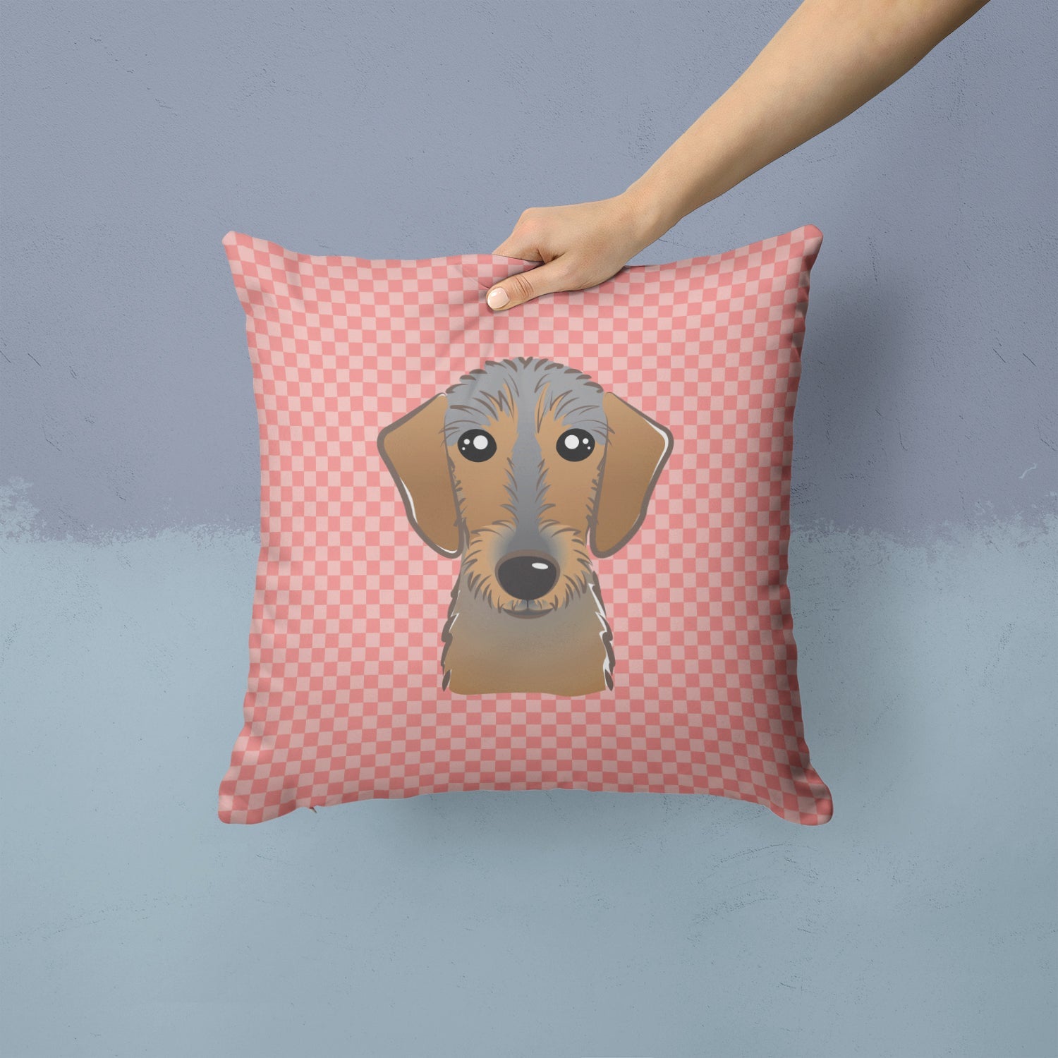 Checkerboard Pink Wirehaired Dachshund Decorative Throw Pillow 14x14 Indoor Outdoor Accent Cushion, Fabric Cover with Insert for Sofa, Bed, Porch & Living Room