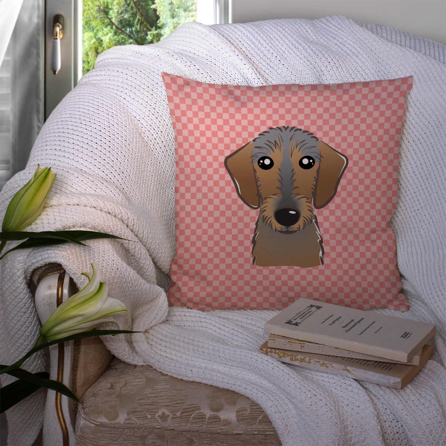 Checkerboard Pink Wirehaired Dachshund Decorative Throw Pillow 14x14 Indoor Outdoor Accent Cushion, Fabric Cover with Insert for Sofa, Bed, Porch & Living Room