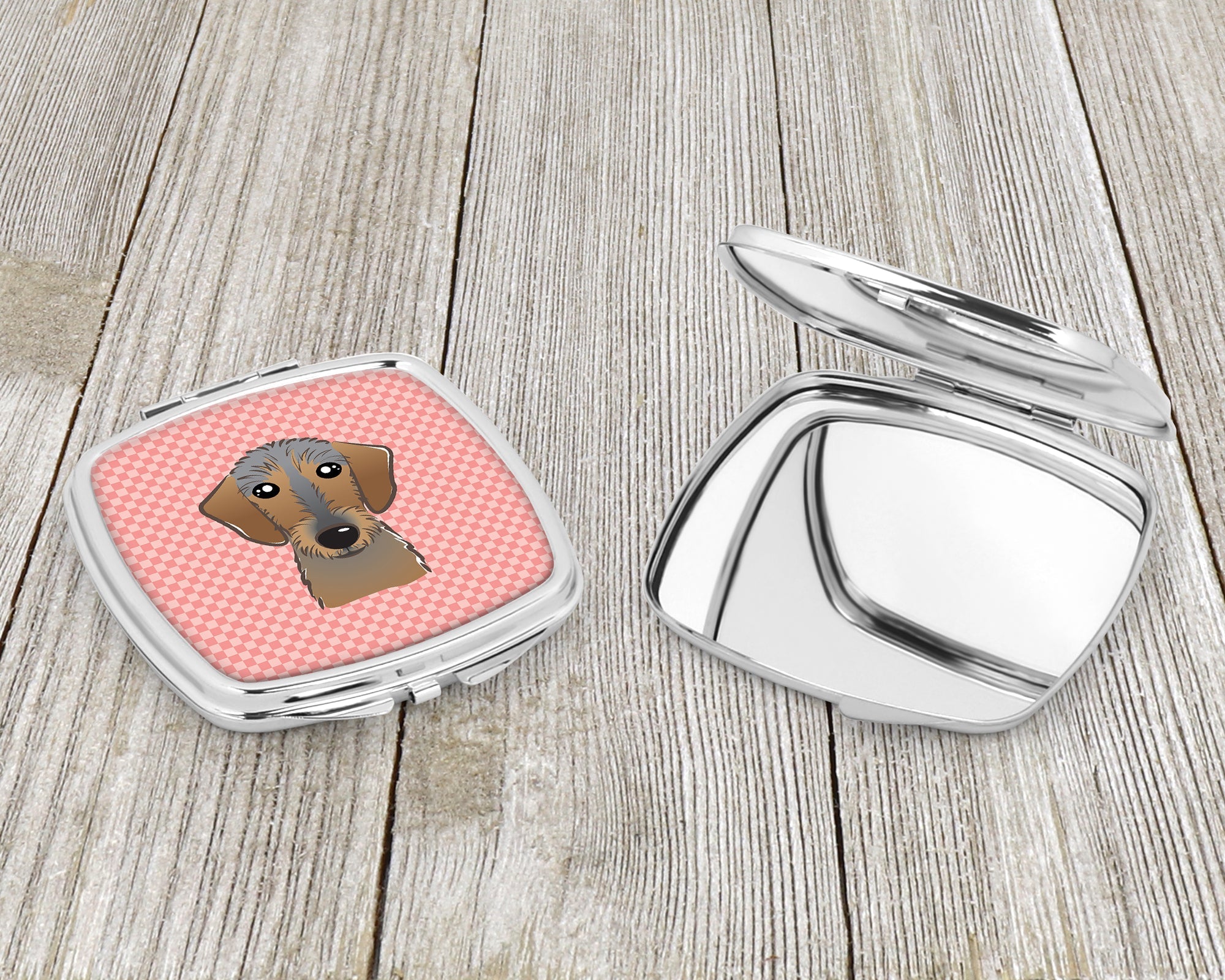 Checkerboard Pink Wirehaired Dachshund Compact Mirror Decorative Travel Makeup Mirror for Women Girls Gifts Pocket Makeup Mirror Folding Handheld