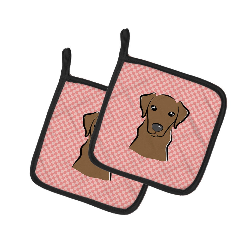 Checkerboard Pink Chocolate Labrador Pot Holder Set of 2 Heat Resistant Quilted Hot Pads 7.5 x 7.5 Inch, Insulated Kitchen Trivets for Cooking & Baking
