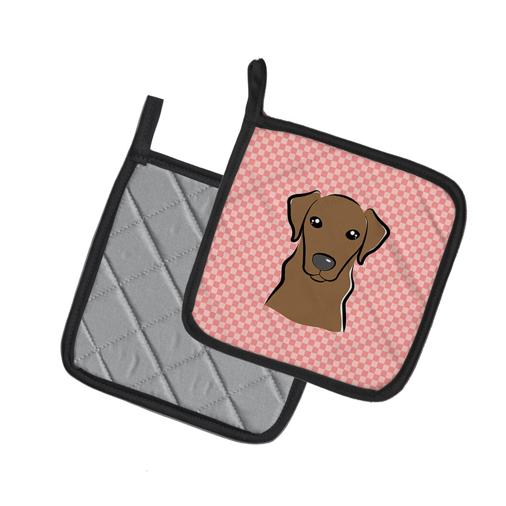 Checkerboard Pink Chocolate Labrador Pot Holder Set of 2 Heat Resistant Quilted Hot Pads 7.5 x 7.5 Inch, Insulated Kitchen Trivets for Cooking & Baking