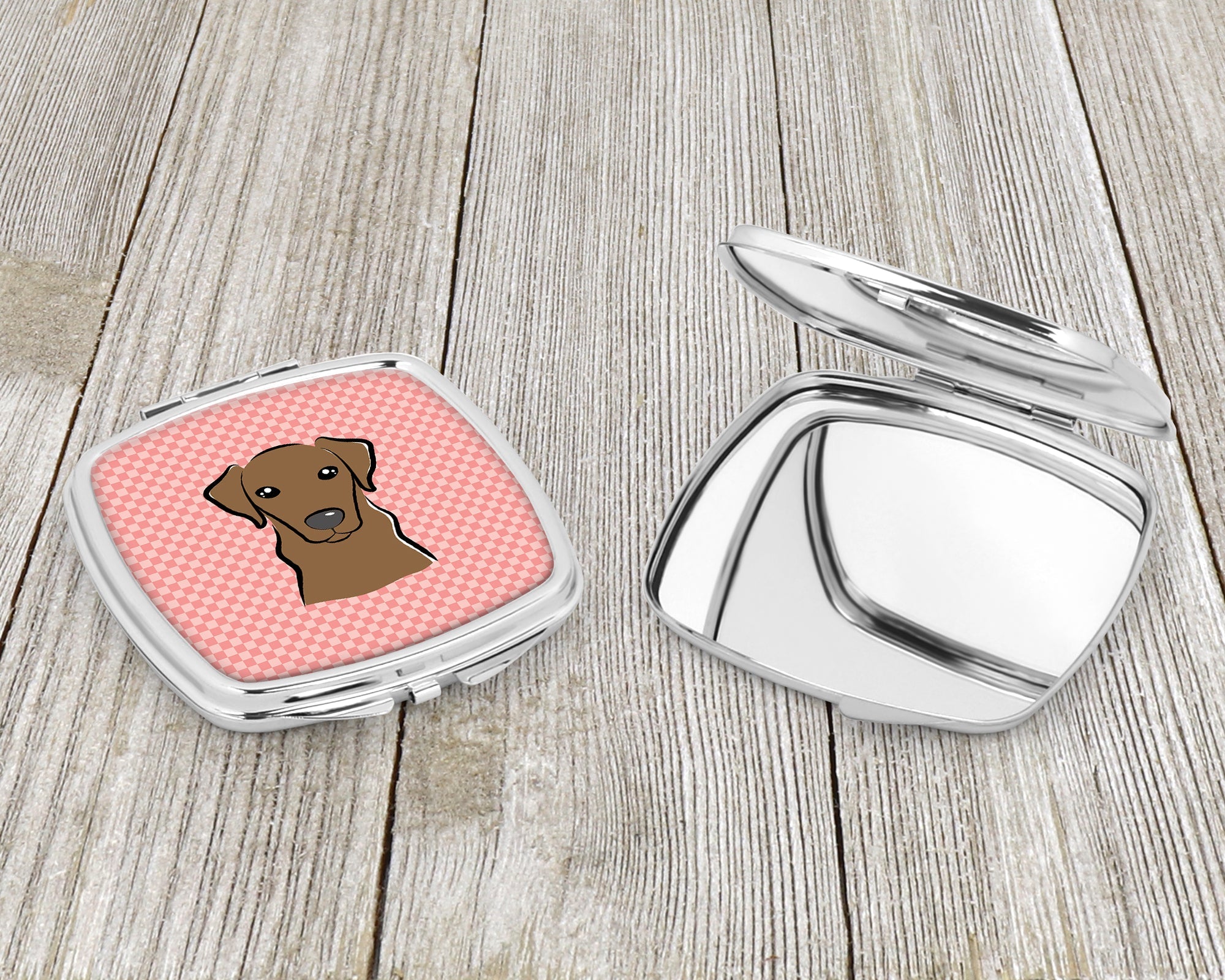Checkerboard Pink Chocolate Labrador Compact Mirror Decorative Travel Makeup Mirror for Women Girls Gifts Pocket Makeup Mirror Folding Handheld