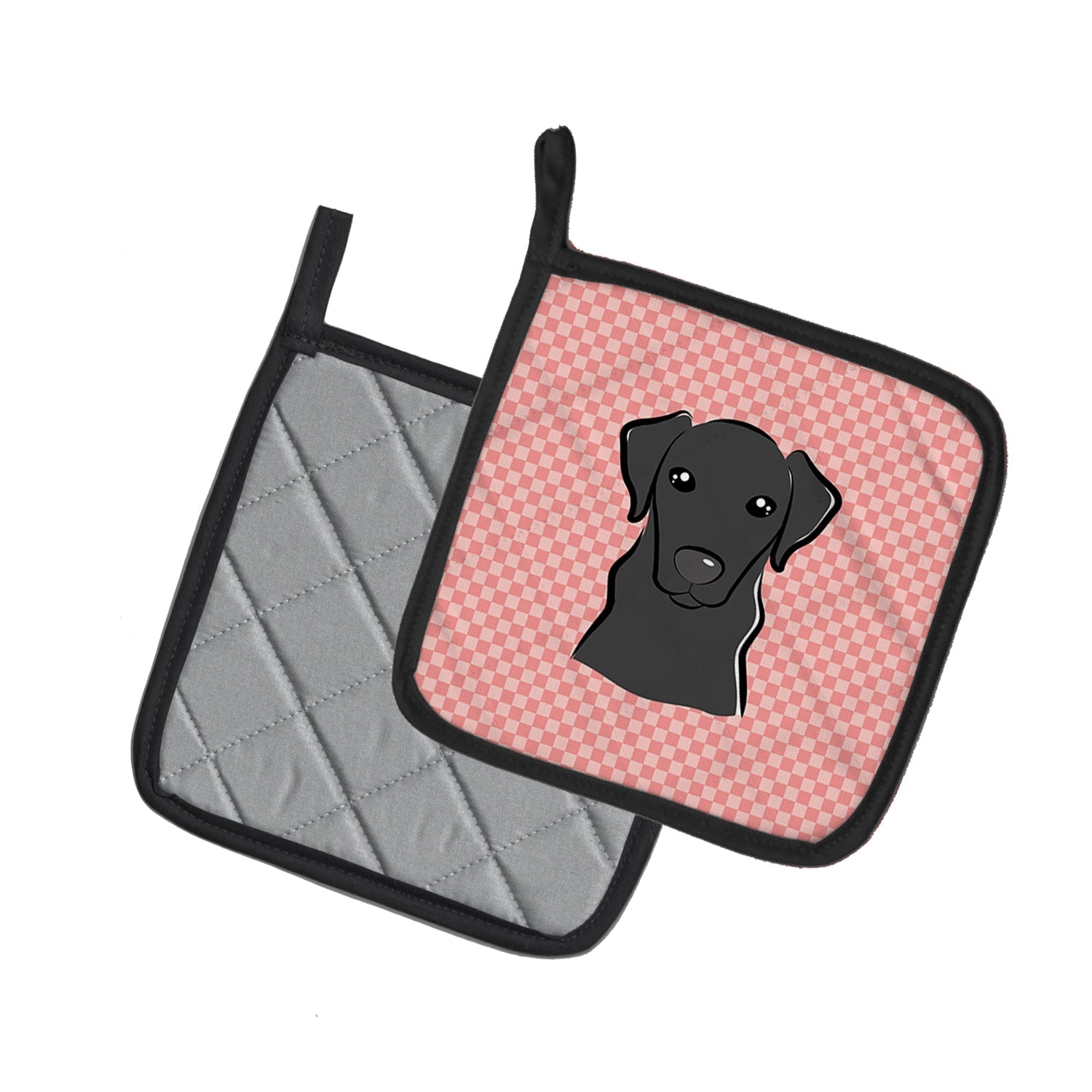 Checkerboard Pink Black Labrador Pot Holder Set of 2 Heat Resistant Quilted Hot Pads 7.5 x 7.5 Inch, Insulated Kitchen Trivets for Cooking & Baking