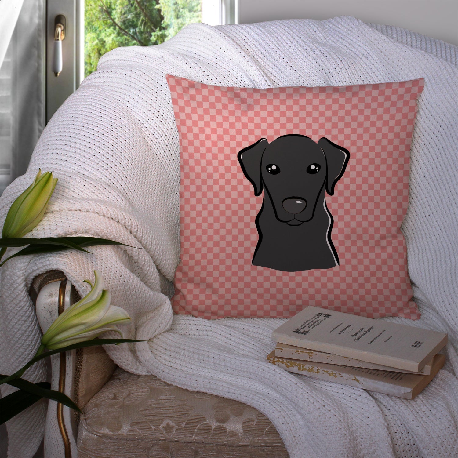 Checkerboard Pink Black Labrador Decorative Throw Pillow 14x14 Indoor Outdoor Accent Cushion, Fabric Cover with Insert for Sofa, Bed, Porch & Living Room