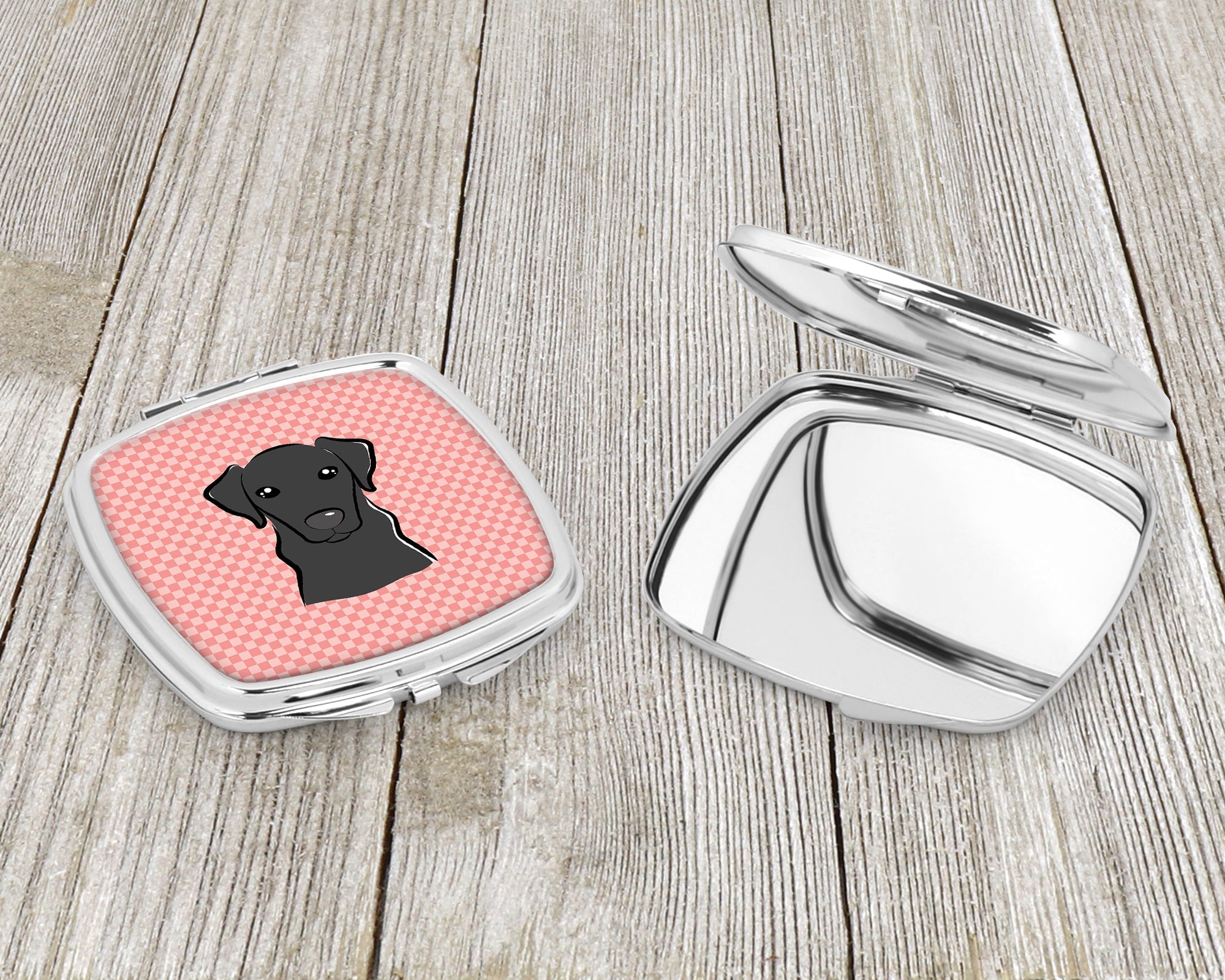 Checkerboard Pink Black Labrador Compact Mirror Decorative Travel Makeup Mirror for Women Girls Gifts Pocket Makeup Mirror Folding Handheld
