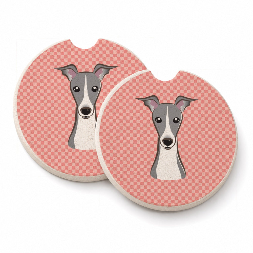 Checkerboard Pink Italian Greyhound Set of 2 Cup Holder Car Coasters Absorbent Round Sandstone Coasters Gifts for Men or Women, 2.5, Multicolor