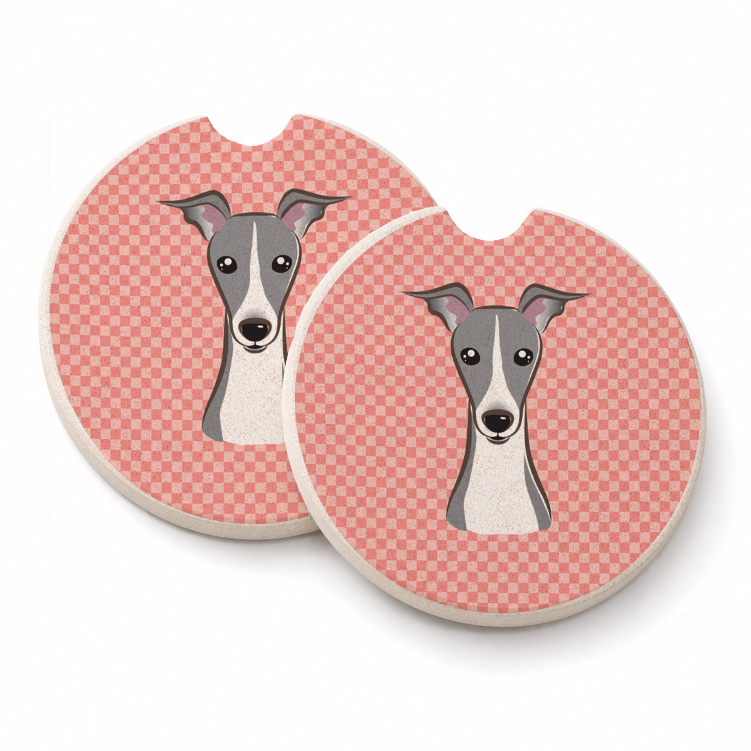 Checkerboard Pink Italian Greyhound Set of 2 Cup Holder Car Coasters Absorbent Round Sandstone Coasters Gifts for Men or Women, 2.5, Multicolor