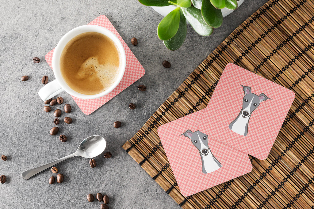Checkerboard Pink Italian Greyhound Foam Coasters Set of 4 Cup Coasters for Indoor Outdoor, Tabletop Protection, Anti Slip, Mouse pad Material